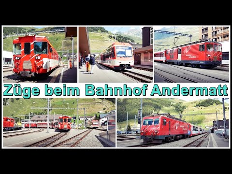 Swiss narrow gauge rack railway / Viele Züge beim Bahnhof Andermatt, Kanton Uri, Schweiz 2021