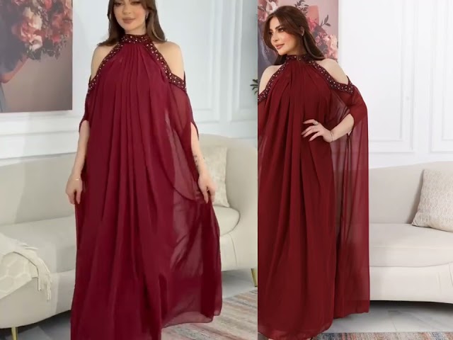 فستان سهره طويل شيفون اضافه كريب استرتش