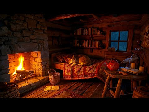 Winter Night in a Cabin – Fireplace Sounds, Blizzard & Sleeping Cat for Deep Sleep