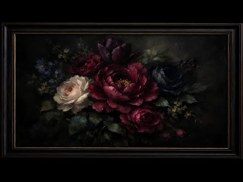 Moody Floral Artwork for TV | Moody Floral Art in Black Frame | Dark Romantic Botanical Wall Art