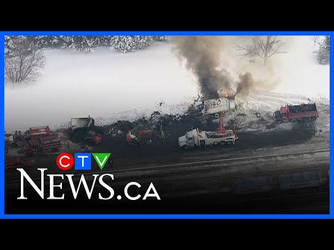 Aerial footage of the fiery crash along Highway 401