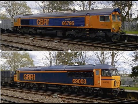 GBRf's 66795 "Bescot LDC" & 69003 compared at Byfleet & New Haw on 13/04/22