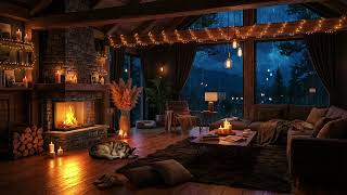 Heavy Rain & Crackling Fireplace in a Cozy Wooden Cabin 🌧️ Forest View
