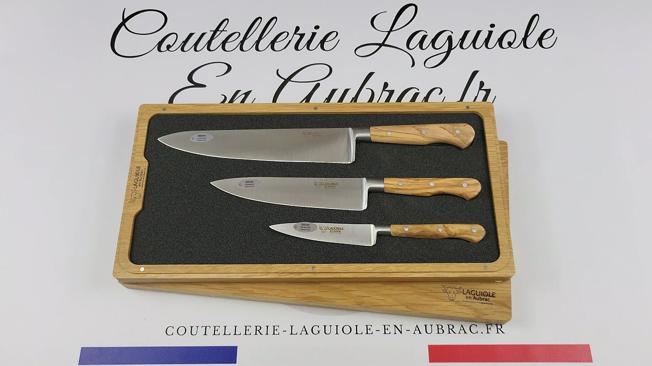 3 couteaux de cuisine Laguiole en Aubrac manches en Olivier