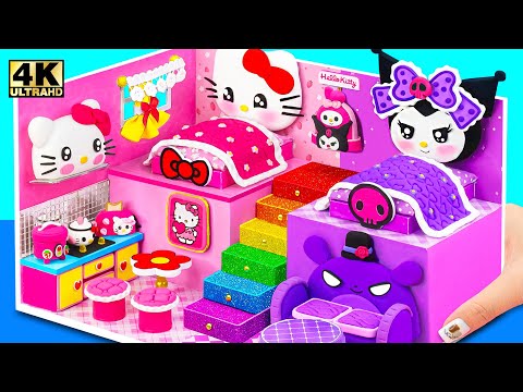 Make Cute Hello Kitty House with Two Bedroom, Purple Room for Kuromi from Clay - DIY Miniature House