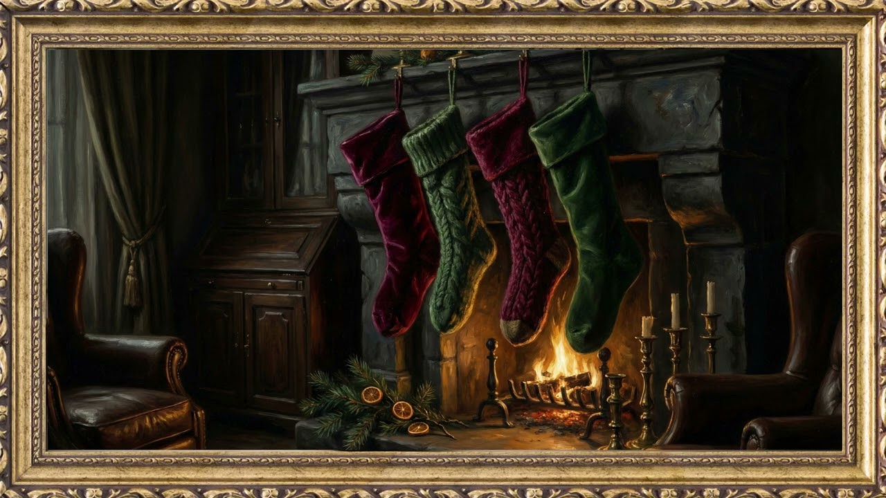 Christmas Stockings Fireplace Cozy Fire Gold Frame TV Art Screensaver | 2 Hours 4K — 4K ambient art screensaver in baroque gold frame