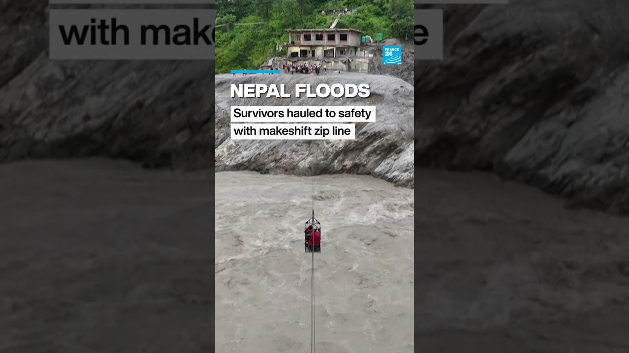 Nepal deploys makeshift zip line to rescue flood survivors after flash floods destroy bridges