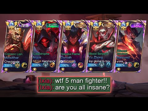 MOBILE LEGENDS 5 MAN RED SKIN FIGHTER IN RANK!!💀(best strongest fighter in one team) - MLBB
