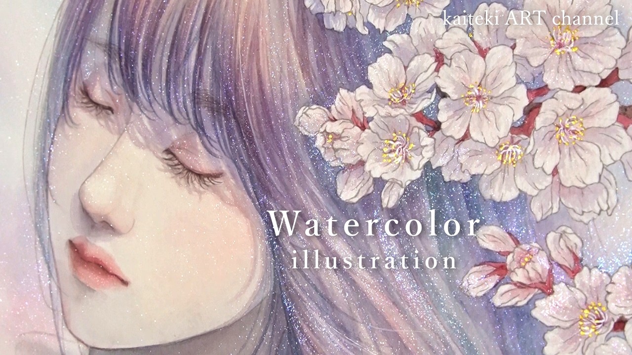 【水彩イラスト】キラキラ絵具で描く🌸桜と女の子　Watercolor illustration ❀Sakura, Japanese Cherry Blossoms, Girl,