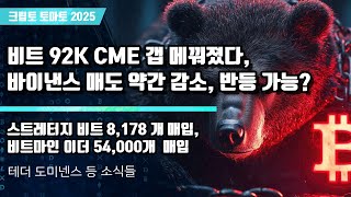 11/18) 비트 92K CME 갭 메꿔졌다, 바이낸스 매도 약간 감소, 반등 가능? 스트레터지 비트 8,178 개 매입,비트마인 이더 54,000개 매입
