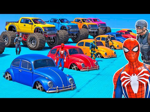 NOVO DESAFIO CARROS FUSCA COM HOMEM ARANHA e SUPER HERÓIS NA MEGA DESCIDA - GTA V