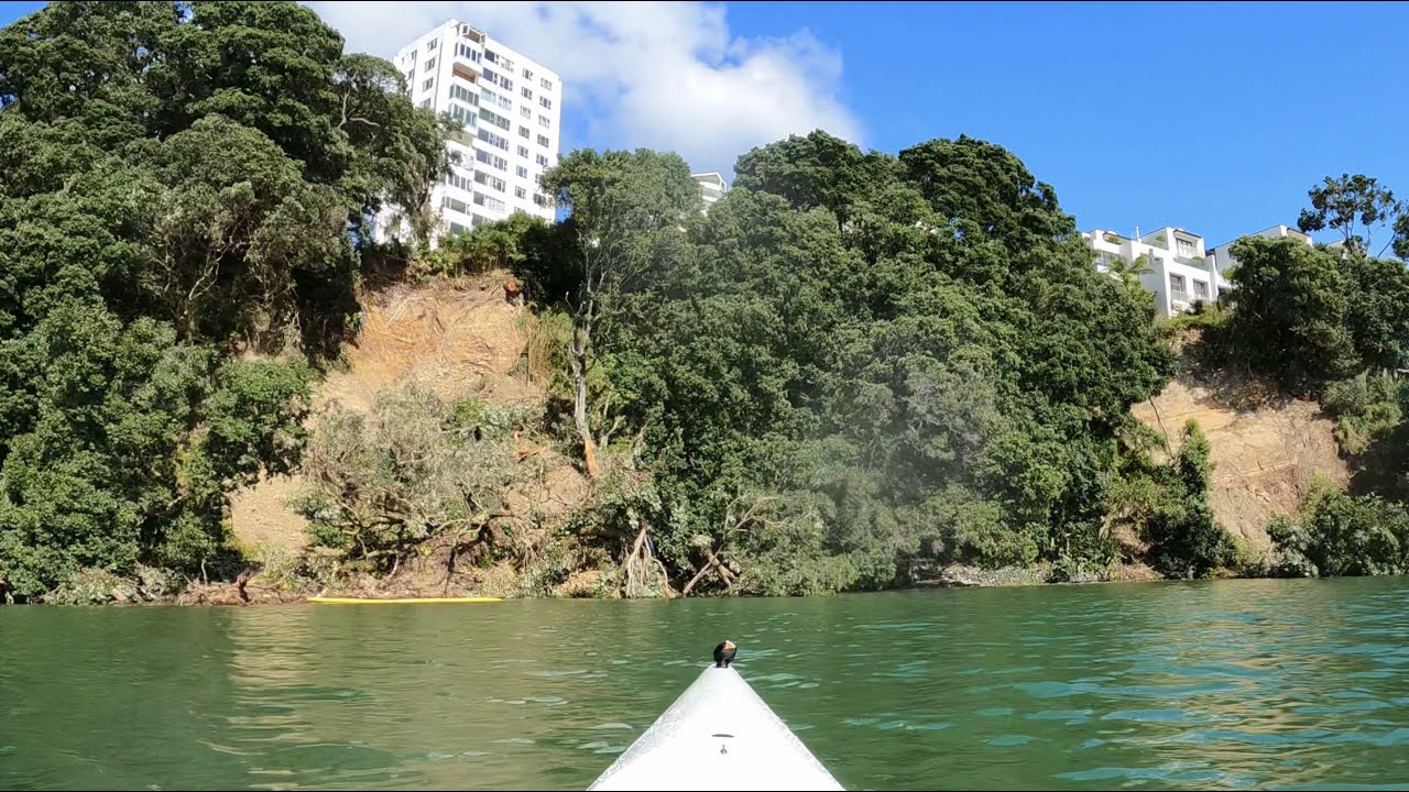Auckland landslide/cliff collapse as seen from the water side - Fennix Bonito surfski