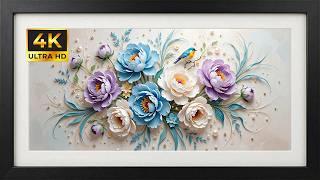 Serene Peonies with Blue Bird in Vintage Gold Frame | 4K Relaxing Screensaver