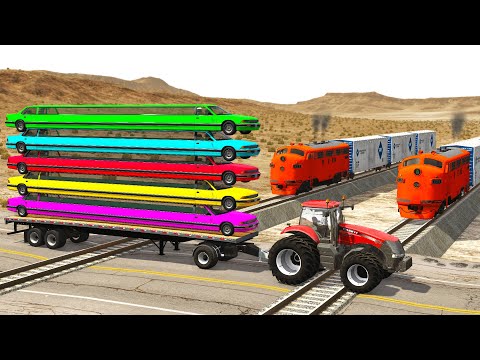 Super Long Car Rescue Flatbed Tractor but Double Rails - Cars vs Train and Rails - BeamNG.drive