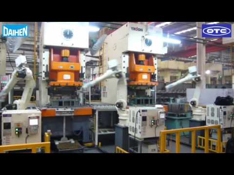 Conveyor robot between presses Achieving automation of simple work by 3 robots.Productivity and safety has been improved