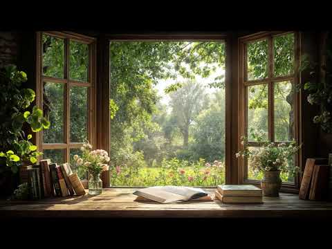 📖🌿Cozy Library Nook with Garden Views | Gentle Breezes, Wind Chimes & Nature's Calm🪟🎐
