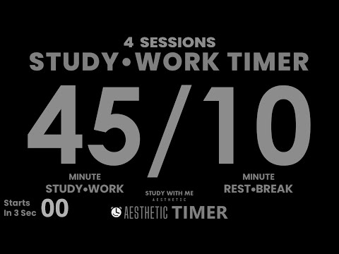 DARK Mode, Pomodoro 45/10 Study Timer, No Music, Minimalist Design, 4 Sets, 45 Minute Study
