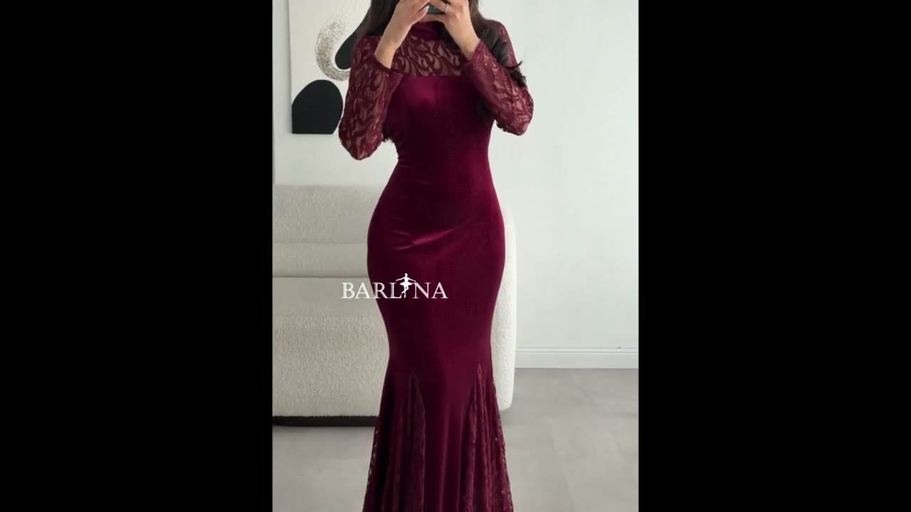 فستان مخمل عنابي بأكمام دانتيل - XL