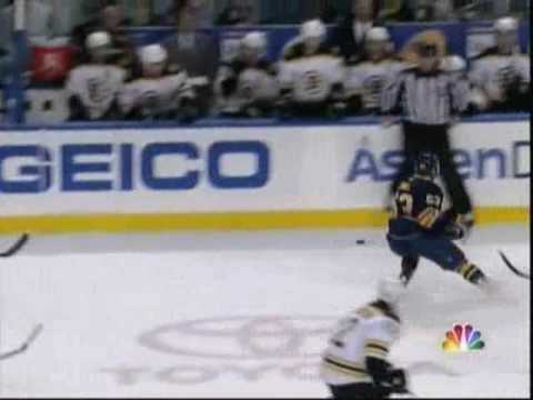 Zdeno Chara hits Tyler Ennis into the bench