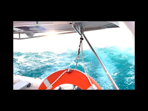 Wild ride Seawind catamaran surfing same wave for 1 min at 15 knots across the Wide Bay Bar