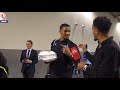 Cecil shares some banter with Saliba and Arsenal players