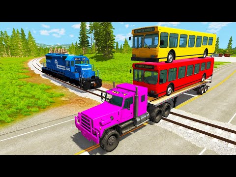 Flatbed Trailer Truck Transporter Rescue - Buses vs Rails and Trains - BeamNG.Drive
