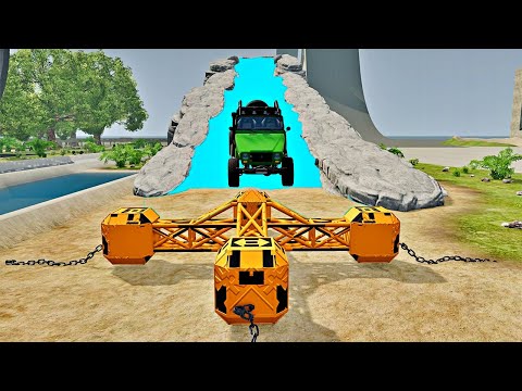 Cars vs Ice Road vs large Spinner with Ball and Chain - BeamNG.Drive Crashes