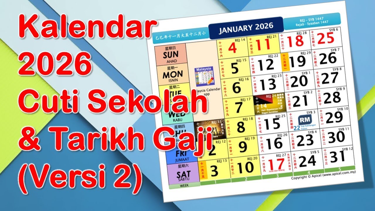 Kalendar 2026 - Cuti Sekolah dan Tarikh Gaji (Versi 2)