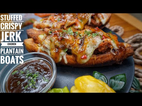 CRISPY JERK CHICKEN STUFFED PLANTAIN BOATS 
