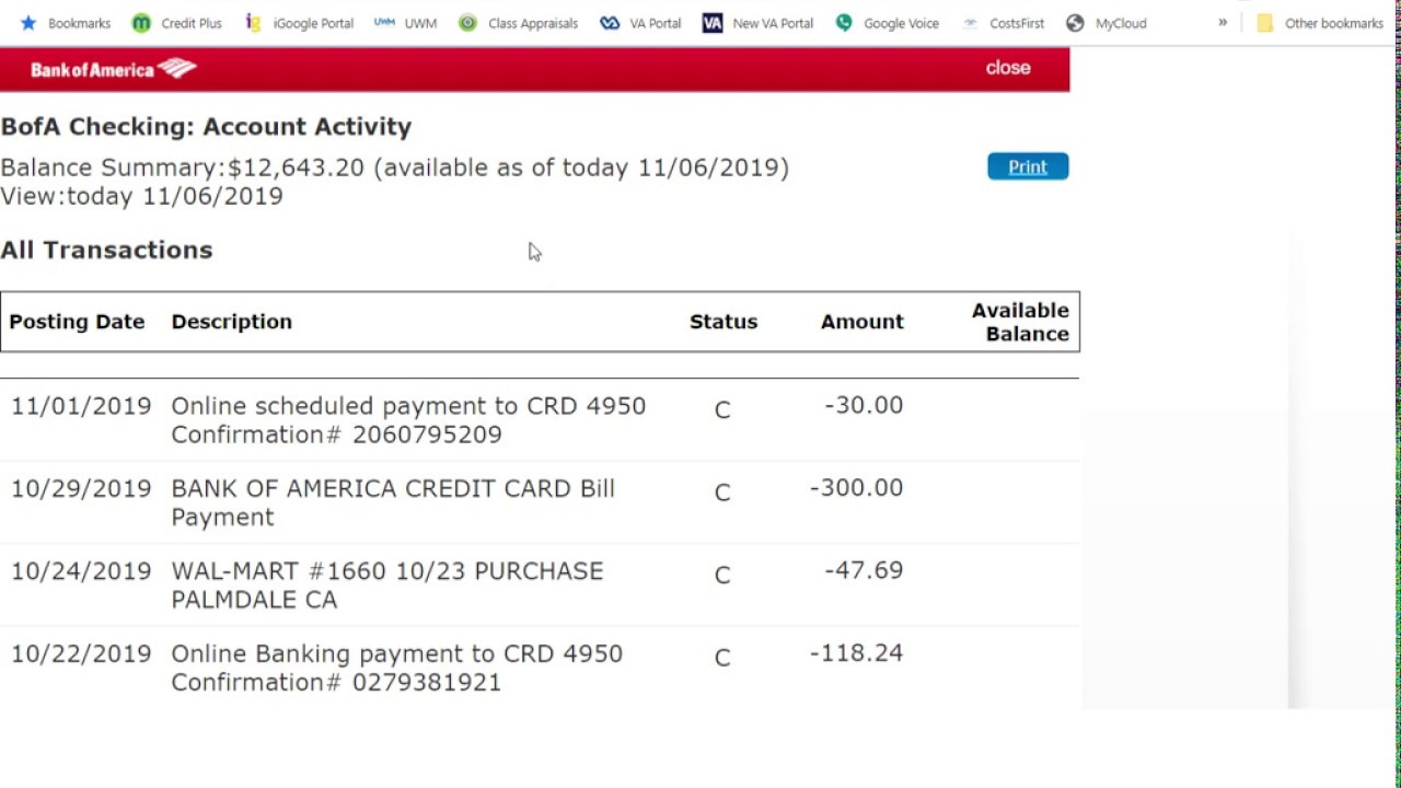 How to create and send a 30 day transaction history printout at BofA