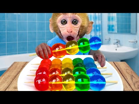 Monkey Baby Bon Bon Bathing In The Bathroom With Eating Fruit With Ducklings Side Swimming Pool