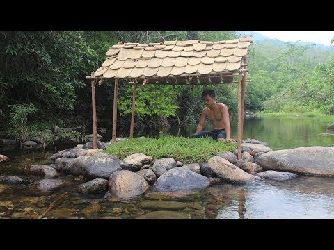 Primitive Technology: Build a Tiled Roof Hut on the Stream