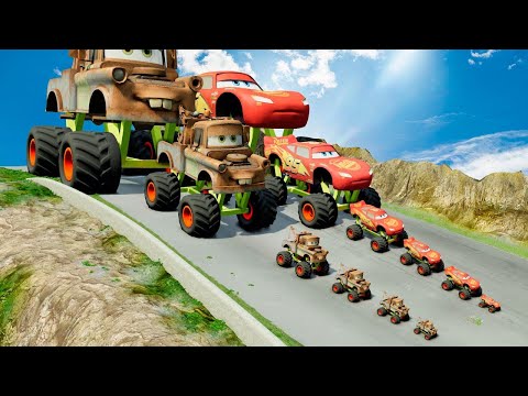 Big & Small, Long & Tall Lightning Mcqueen with Monster Truck Wheels vs Trains | BeamNG.Drive
