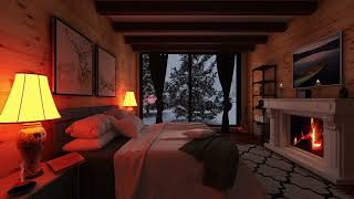 Camera da letto con tempesta di neve e fuoco nel camino/Cabin with snowstorm and fireplace