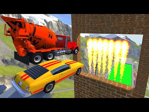 High Speed Car Jump Through Fire In Green Slime Pool (Crash Test) - BeamNG.drive Insane Jumps