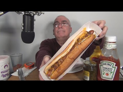 ASMR Eating Sonic Foot Long Chili Cheese Coney Hotdog...