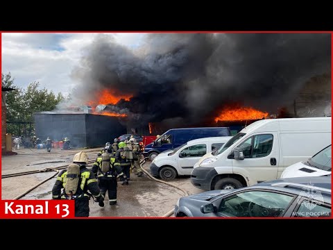 Firefighters extinguishing strong blaze at an oil base in Russia - Close-up footage of fire