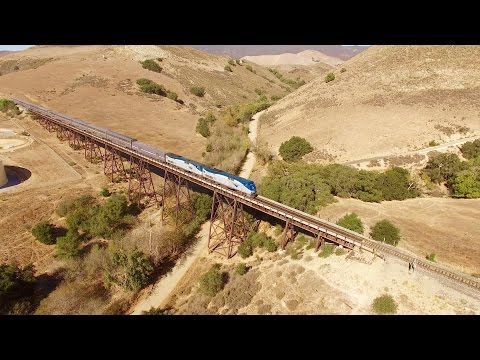 Drone Chasing Amtrak Coast Starlight Train Horseshoe Curve and Stenner Creek Trestle SLO, CA