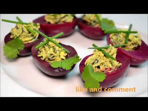 Beet Dyed Deviled Eggs/ Stuffed Eggs With Basil/Deviled Eggs with Basil/Deviled Eggs With Pesto