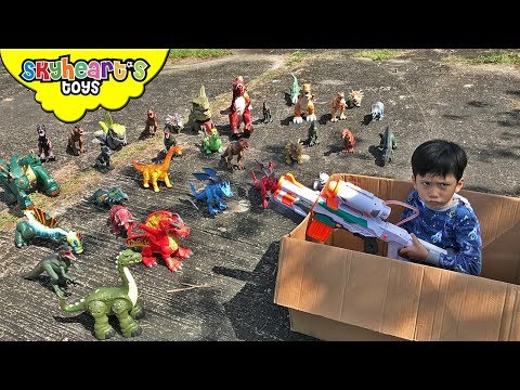 DINOSAURS vs. TODDLER: Nerf War Part 2 | Skyheart and Daddy on the run from dinosaur toys for kids