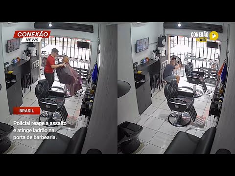 Vídeo: Policial reage a assalto e atinge ladrão na porta de barbearia.