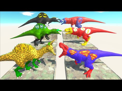 DC vs Marvel SUPERHEROES 3 T-REX Hunting found Jurassic world evolution 3 Spinosaurus Dinosaurs Race