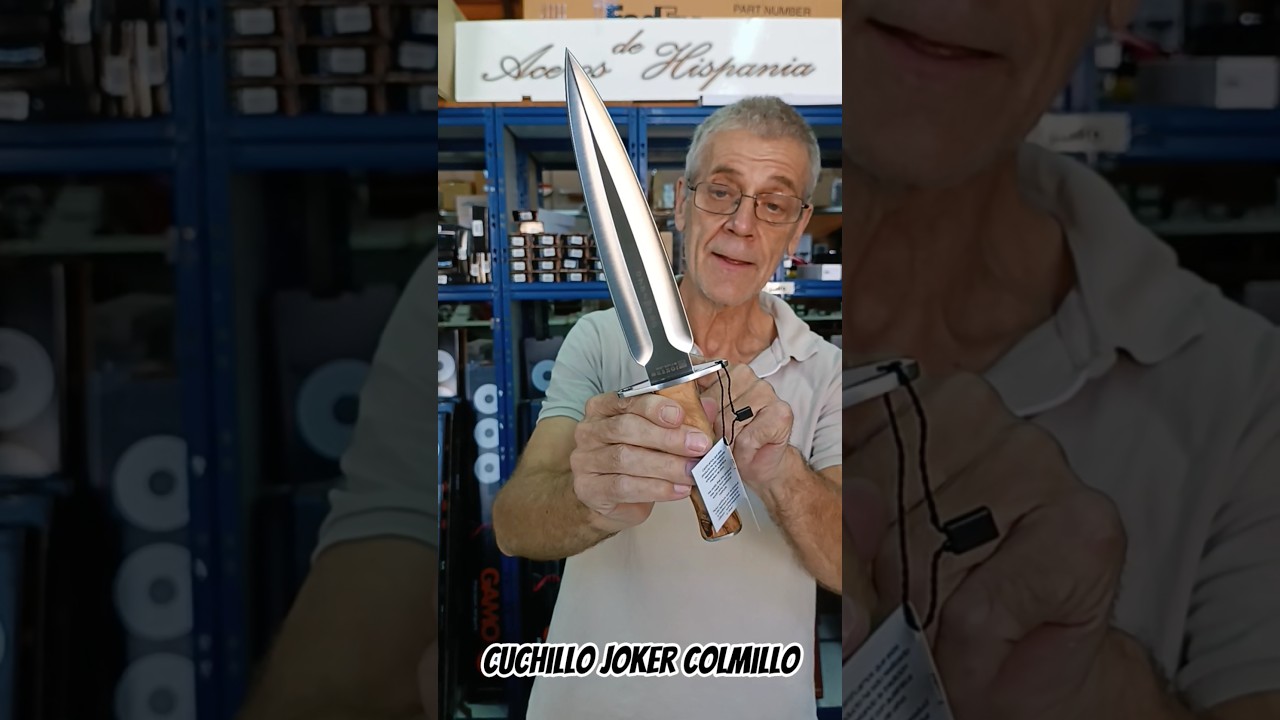 OLIVE WOOD HANDLE 21,5 CM FIXED BLADE DOUBLE EDGE, PIG STICKER JOKER COLMILLO HUNTING KNIFE WITH LEATHER SHEATH