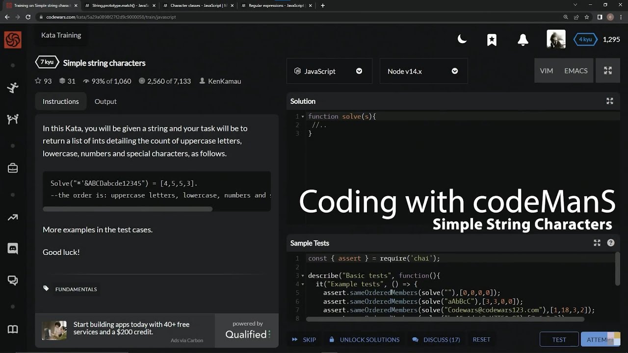 Codewars 7 kyu Simple String Characters Javascript