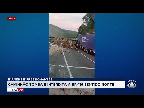 Carreta tomba na BR-277 em Balsa Nova e interdita rodovia