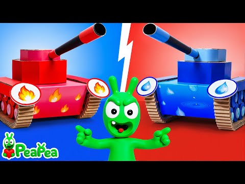 Pea Pea and Water vs Fire Elements Tank Toy Battle - Alien Clay World