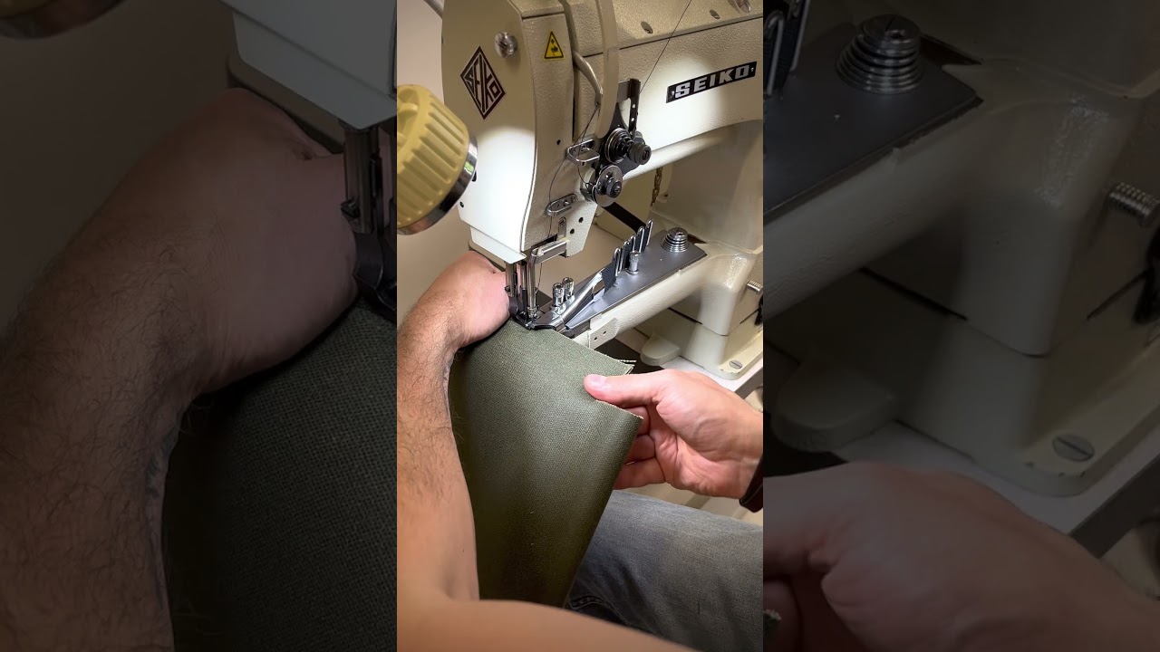 Stitching a batch of our new waxed canvas tote bags