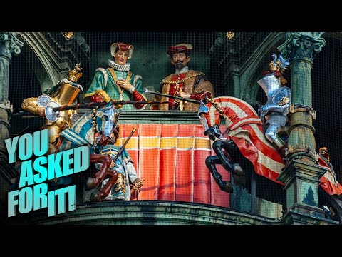 Das riesige Glockenspiel des Rathauses in München, Deutschland | Sie haben danach gefragt