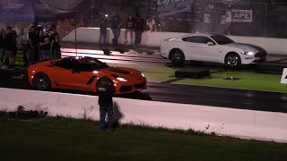 Turbo Mustang vs C7 Corvette and Hellcat Charger Drag Races