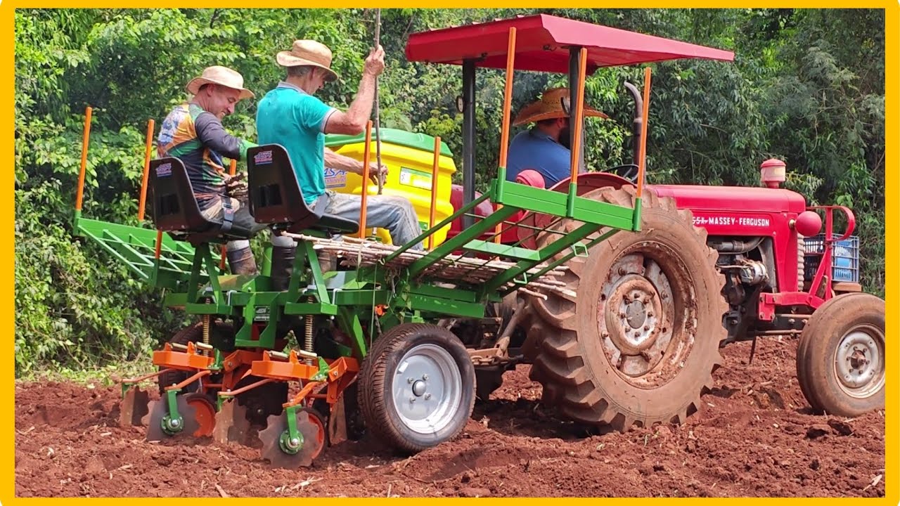 plantando mandioca com plantadeira duas linhas e trator massey 55x
